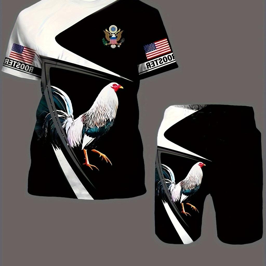 Model de cocoș, ținute pentru bărbați din 2 piese, set de tricou confortabil și pantaloni scurți casual pentru vară, îmbrăcăminte pentru bărbați