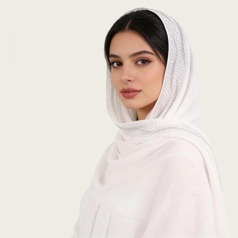 Womens Chiffon Scarf With Rhinestone Pearl Embellishment Ethnic Style Long Wrap Headband Accessory Elegant Lady Fashion