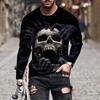 Fashion  Skull Print Long Sleeve T-shirts Hip Hop Trend Harajuku Men's T Shirt Casual O-neck Loose Tops Vintage Clothes