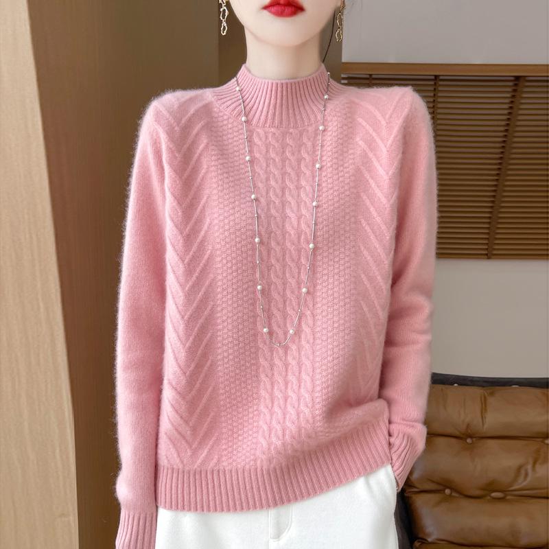 Women's Age-Reducing Loose Pure Wool Sweater, Half-High Collar, Thickened Knit Top for Autumn/Winter.