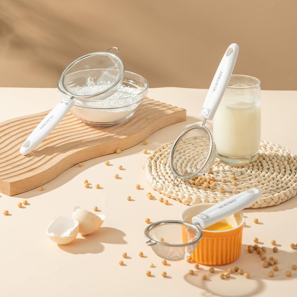 304 Stainless Steel Flour Sieve Flat Handle Soybean Milk Filter Screen Juice Filter Scoop Oil Strainer Kitchen Gadgets