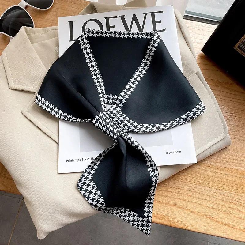 Luxury Houndstooth Print Silk Scarfs Women Bag Ribbons Foulard Office Skinny Neckerchief Neck Hands Ties Satin Female Hairband