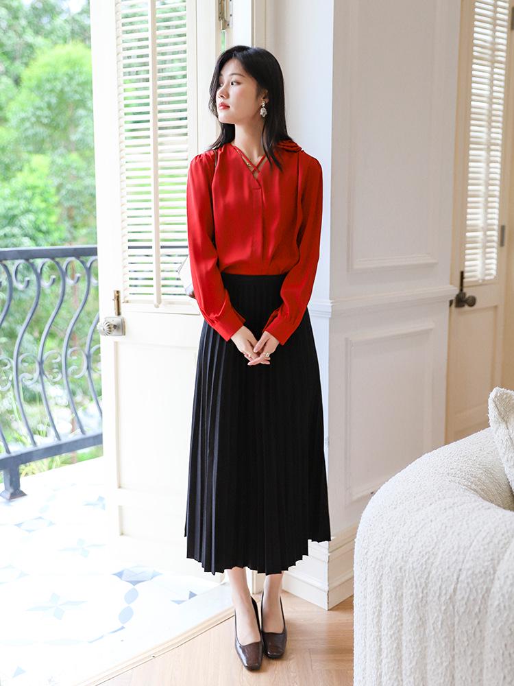 Temperamental Elegant High-Waist Woolen Pleated Skirt - Women's Mid-Length Swing Skirt