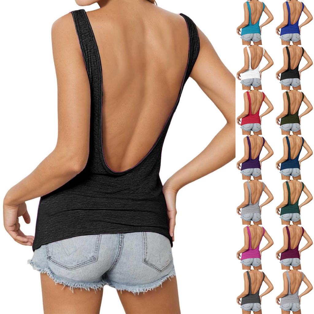 Women Sleeveless Deep V Backless Fitted Stretch Tank Top Solid Basic Slim Fit Vest Casual Summer Fashion Shirt