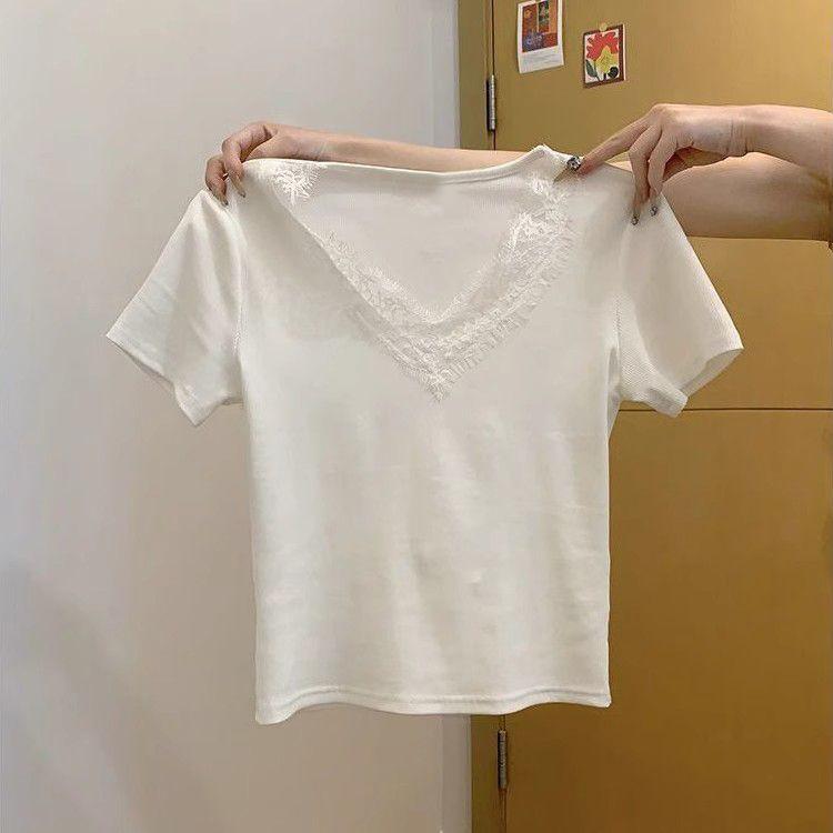 Women's Slim Fit Gray Lace Trim V-Neck Short Sleeve Top - Chic Korean Summer Style