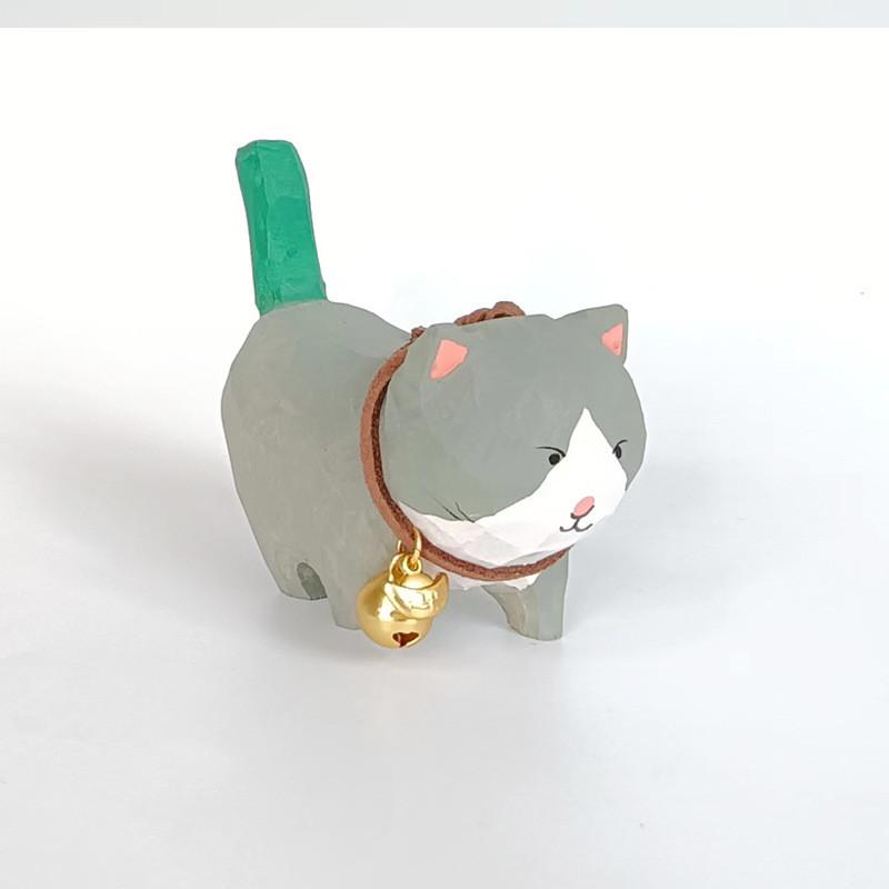 Wooden Handcrafted Carved Cat Figurine Cute Bell Desk Decor For Gifts And Home Office
