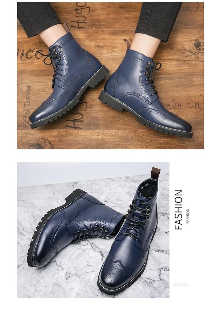 Men's High-Top Lace-Up Leather Boots, Trendy Burnished Style, Large Sizes for Autumn/Winter Outdoor Fashion
