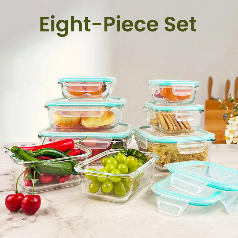 8pcs Glass Food Storage Containers Set Lunch Box Leakproof Airtight Microwave & Oven Safe Stackable Kitchen Organizers