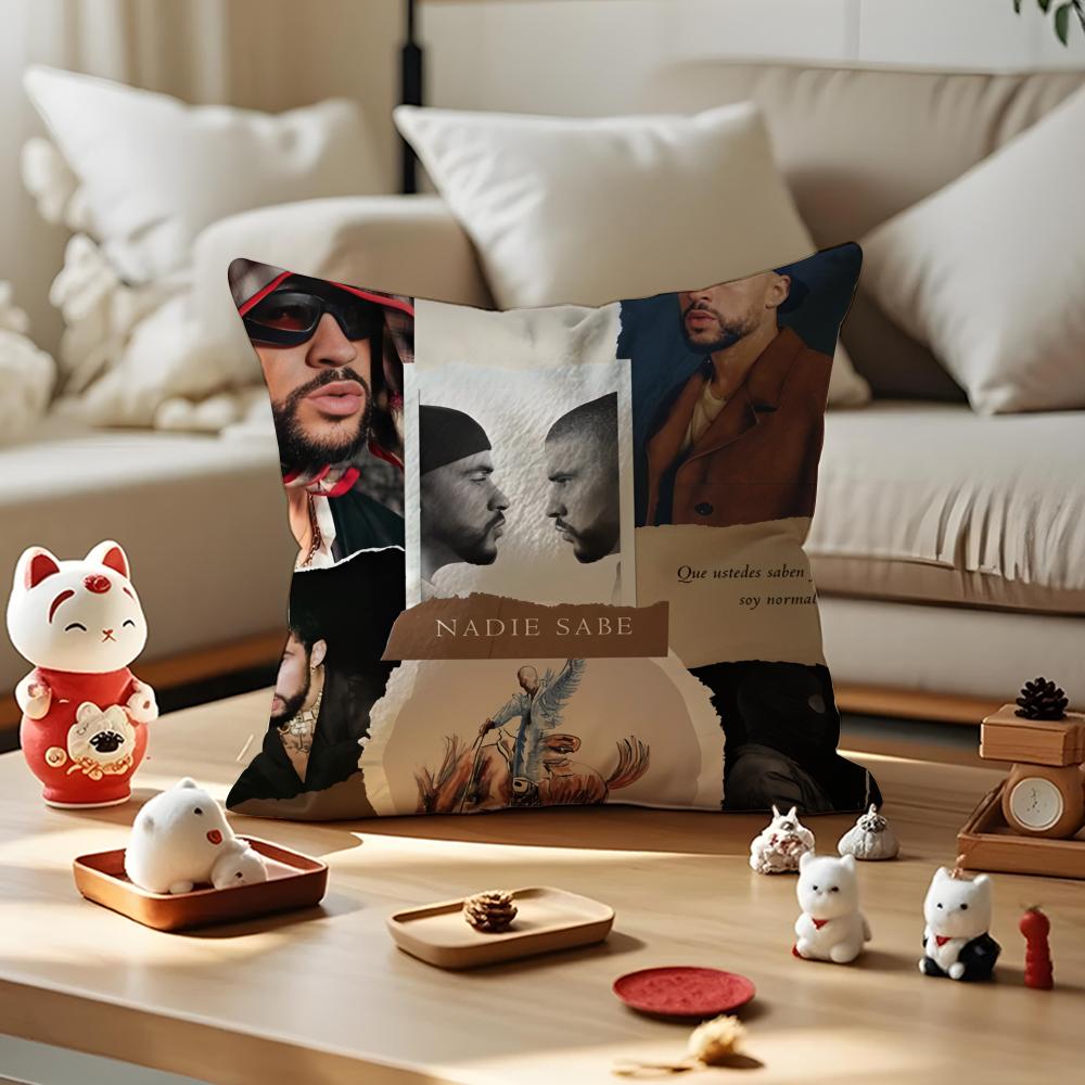 Hip Hop Rapper B-Bad B-Bunny Cushion Cover Silky Short Plush With Invisible Zipper Dustproof Sofa Pillow Cover For Home Decor