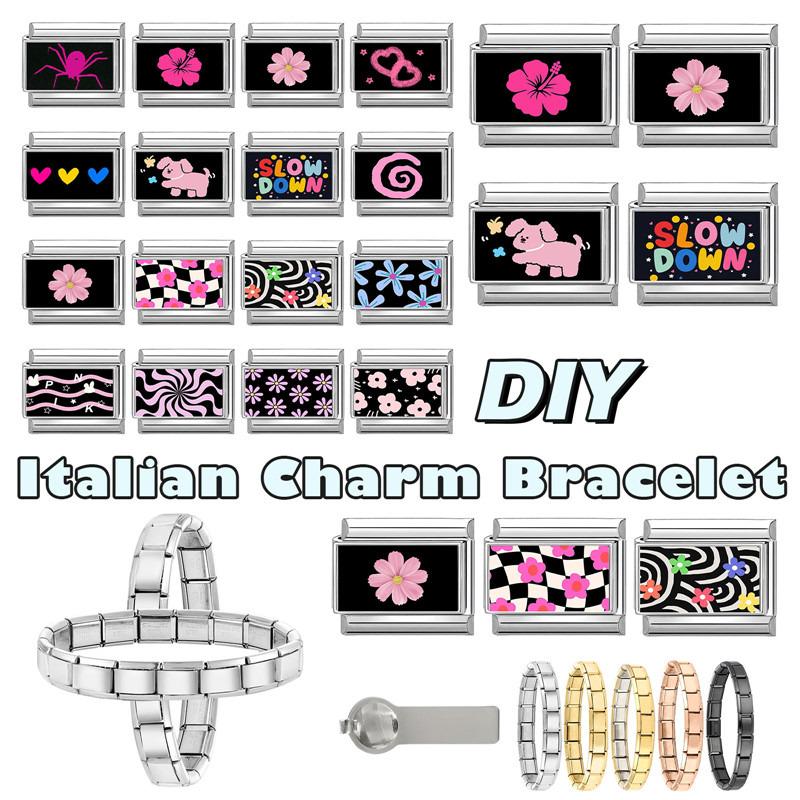 Schönes schwarzes Druckdesign Hase Katze Hund Blumen Herz Y2K Italienischer Charms Glieder Passend für 9mm Edelstahlarmband DIY Herstellung