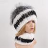 Hot Sale Women Winter Real Rex Rabbit Fur Hat Scarf Sets Natural Warm Genuine Silver Fox Fur Rex Rabbit Fur Cap Scarves 2 Pieces