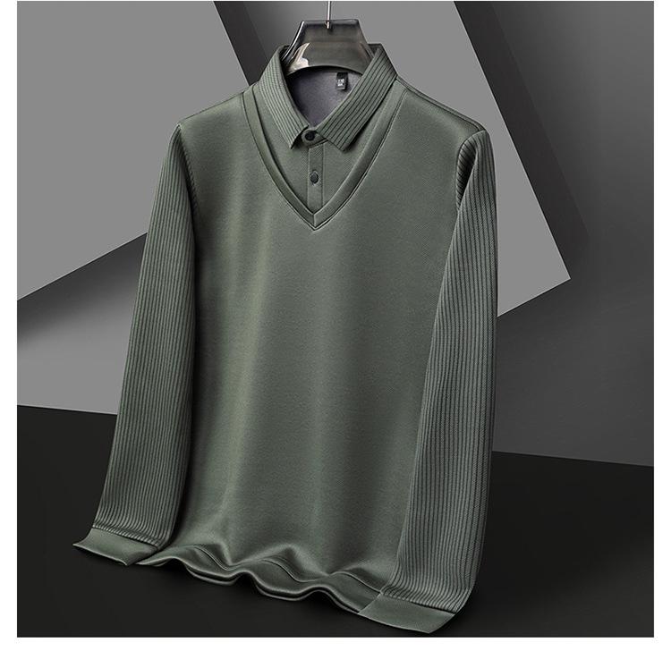 Winter Sale: Men's Fleece-Lined Two-in-One T-Shirt with Shirt Collar – Thick, Warm Base Layer