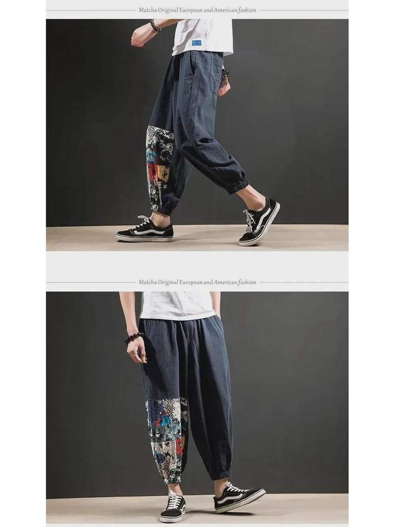Pánské volné lněné kalhoty v čínském stylu - letní trendy, plus size, devítibodová délka