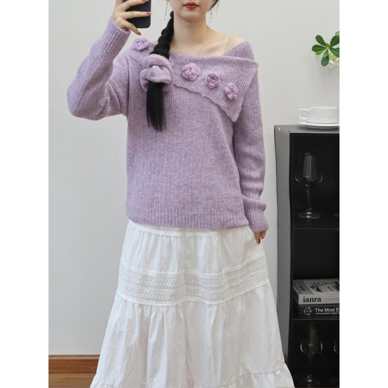 Autumn and winter new three-dimensional flower shoulder knitted sweater top temperament soft waxy sweater pullover woman