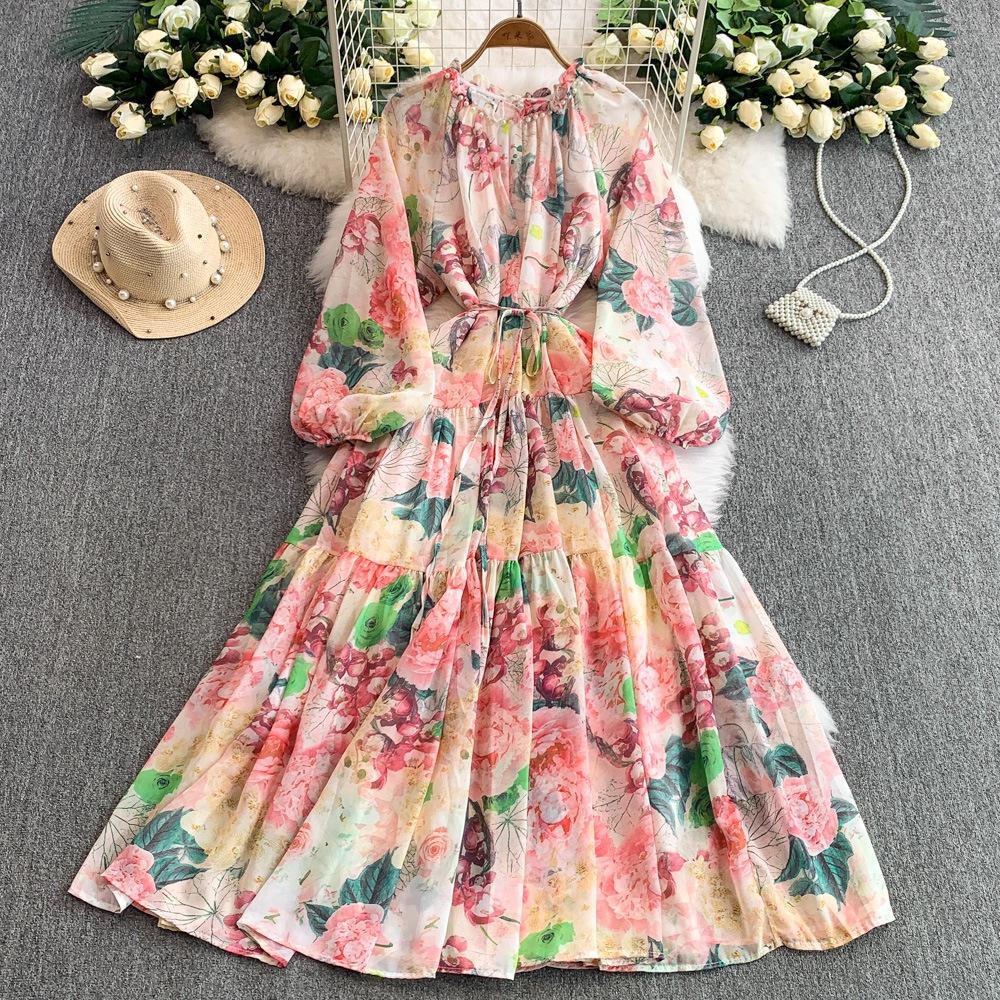 

Женское элегантное платье с принтом и бисером, летнее, обтягивающее и стройнящее шифоновое длинное платье One Size розовый