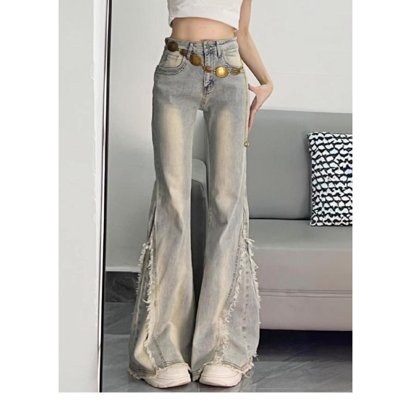 

Женские американские ретро расклешенные джинсы весна осень лето стильные с высокой талией потертые выбеленные с бахромой стройнящие облегающие длинные брюки S синий
