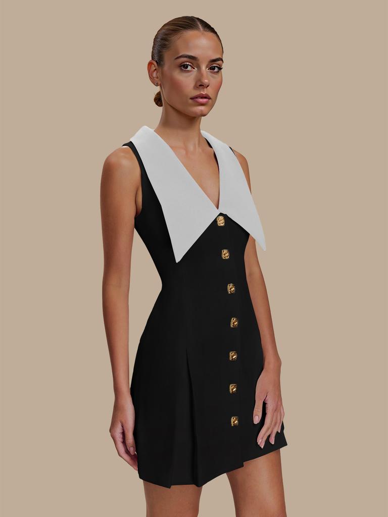 Women's Sleeveless Dress, Off White, Black Collar, Gold Square Buttons