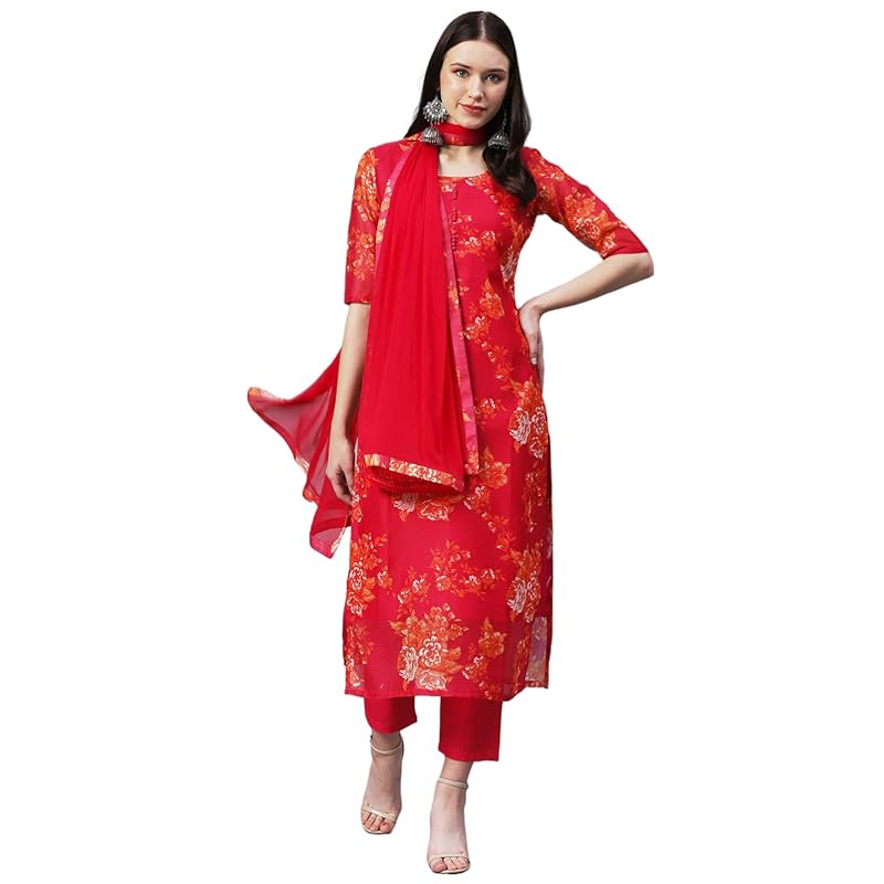 GoSriKi Women's Chanderi Cotton Printed Straight Kurta with Pant & Dupatta (AUX-Orange-GS_L_Pink_Large)