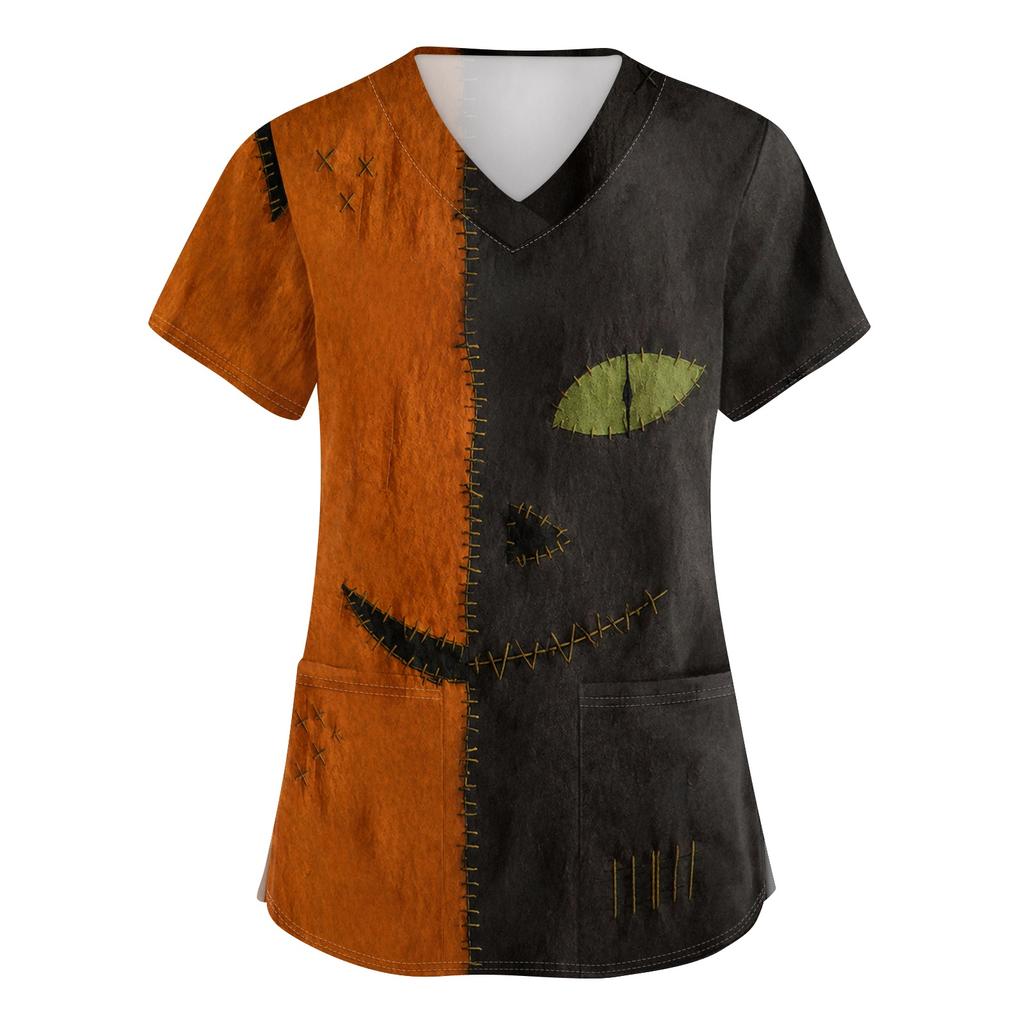 Women V Neck Halloween Print Short Sleeve Medical Scrub Top with Pocket Side Slit Workwear Uniform Shirt for Healthcare Professionals