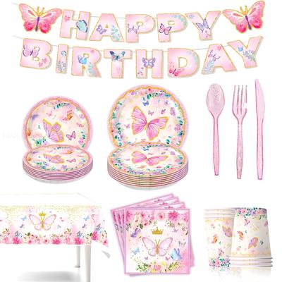 Pink Butterfly Spring Tea Party Tableware: Disposable Cups, Napkins & Banners