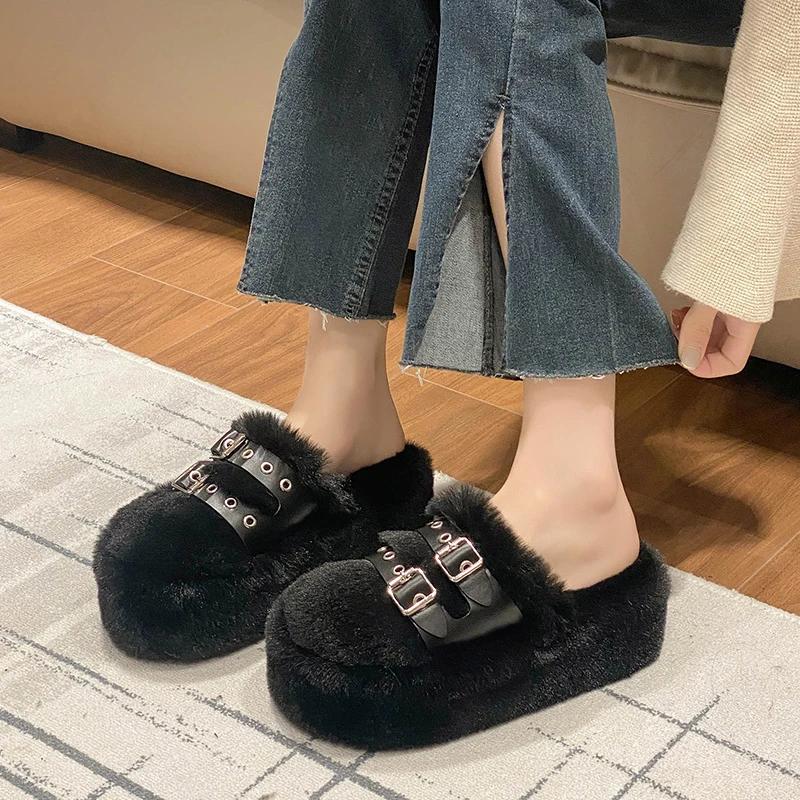 Fashion 2024 New Plush Baotou Slippers Fairy Style Outerwear Fashion Buckle Thick Sole Warm Women's Shoes Casual Tenis De Mujer