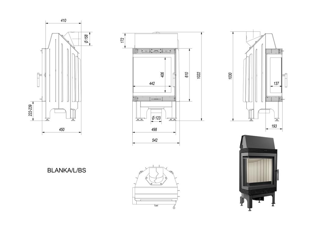 Steel Fireplace KRATKI BLANKA Left 8 kW Ø 160