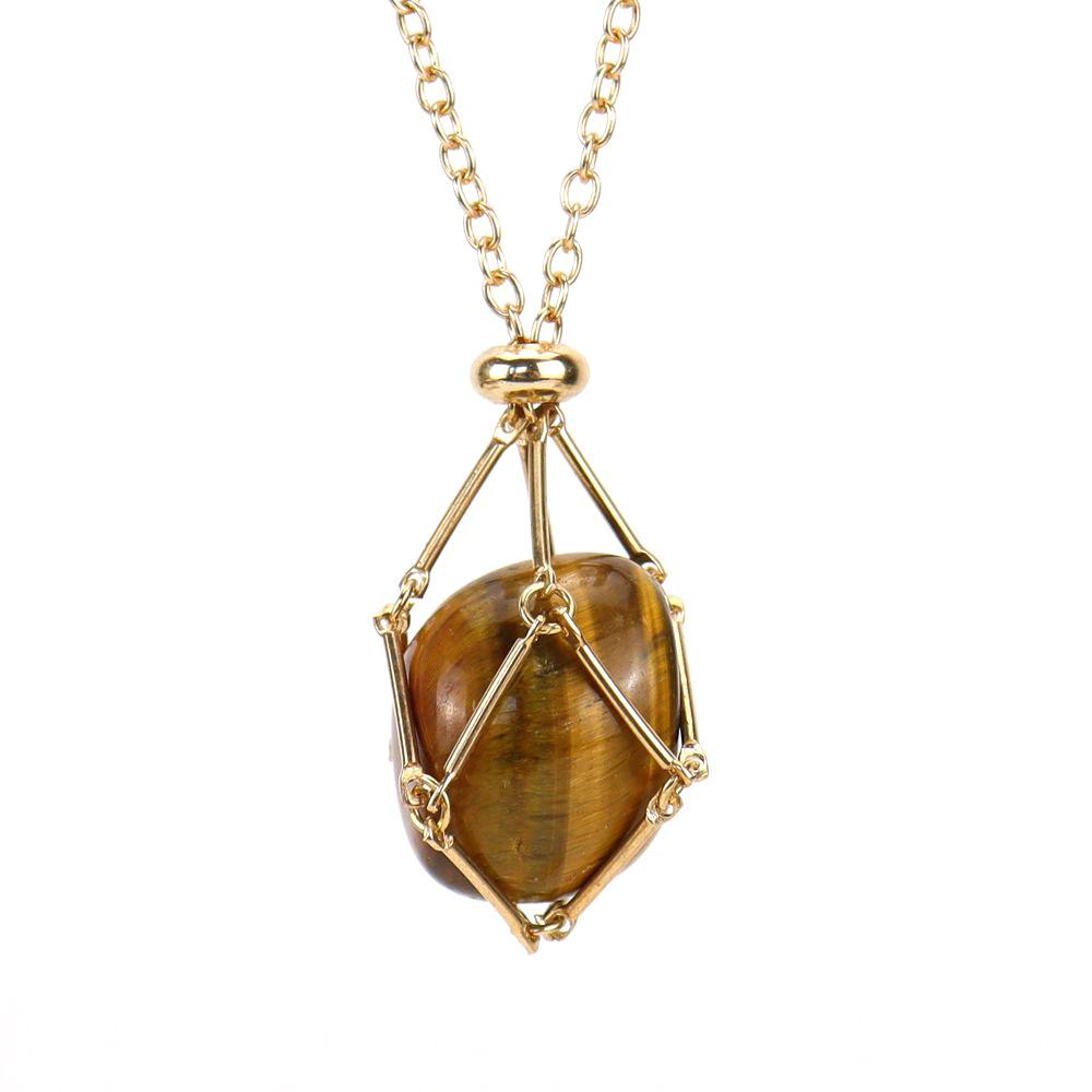 Crystal Rough Stone Handmade Adjustable Stainless Steel Metal Bamboo Mesh Pocket Necklace Woven Pendant N683