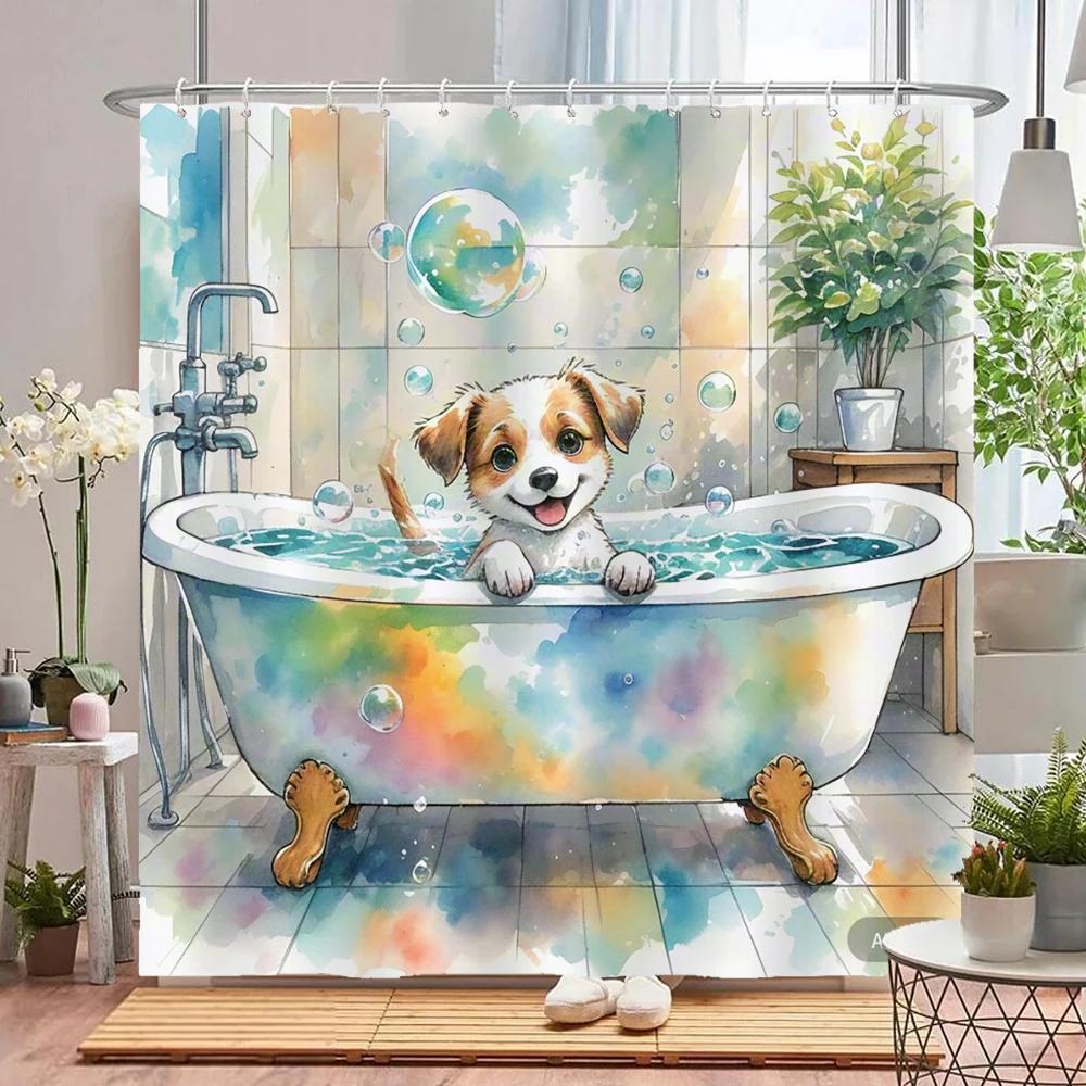 Funny Bathing Cat and Dog Shower Curtain Waterproof Bathroom Curtain Creative and Interesting Partition Bath Curtain with Hooks
