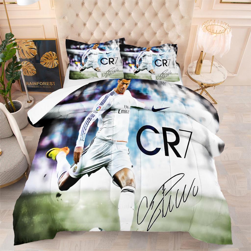 3d Digital Print Thickened Down Alternative Cotton Air Conditioning Quilt Football Star Quilted Bedding Set (3-piece)