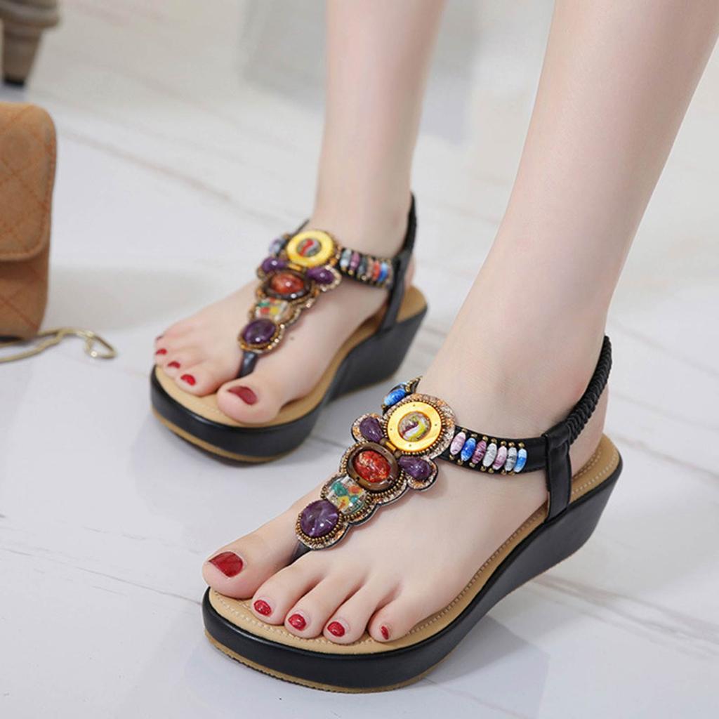 Women'S Casual Sandals Bohemia Summer Vintage Beach Beaded Ankle Strappy Sandal Athletic Hiking Shoes Outdoor Walking Shoe