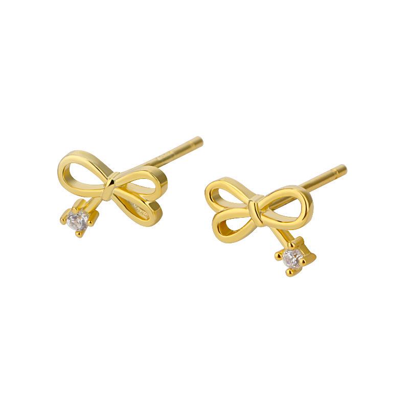 Beixi Silverware S925 Sterling Silver Gold Bowknot Stud Earrings - Simple, Sweet, and Small