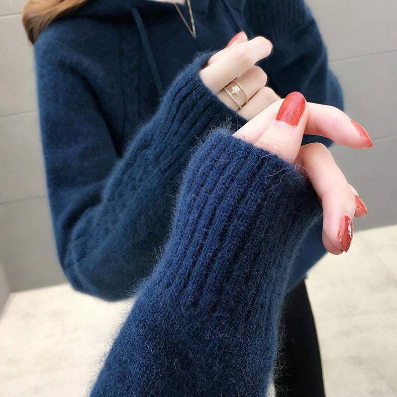 Hooded Sweater Women's Autumn and Winter Long Sleeved Knitted Sweater Loose and Lazy Style Hoodie Top Rest Pullover