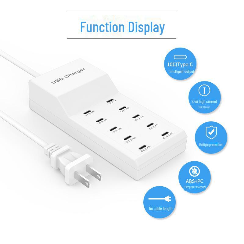 10-Port 50W Smart USB-C Charger 5V/2A Multi-Port Fast Charging for Huawei, Xiaomi, Apple, Samsung Mobile Phones.