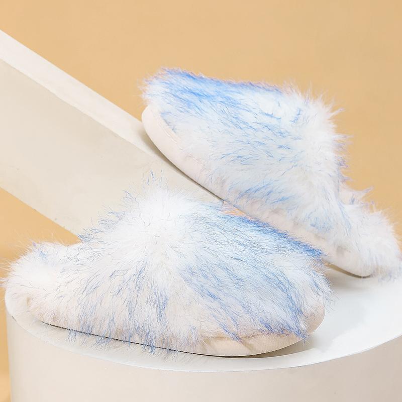 Fashion Elegant Mix Color Fur Slippers Women Winter Faux Fur Warm Indoor Plush Slides for Woman Round Toe Non Slip Cotton Slippers Lady