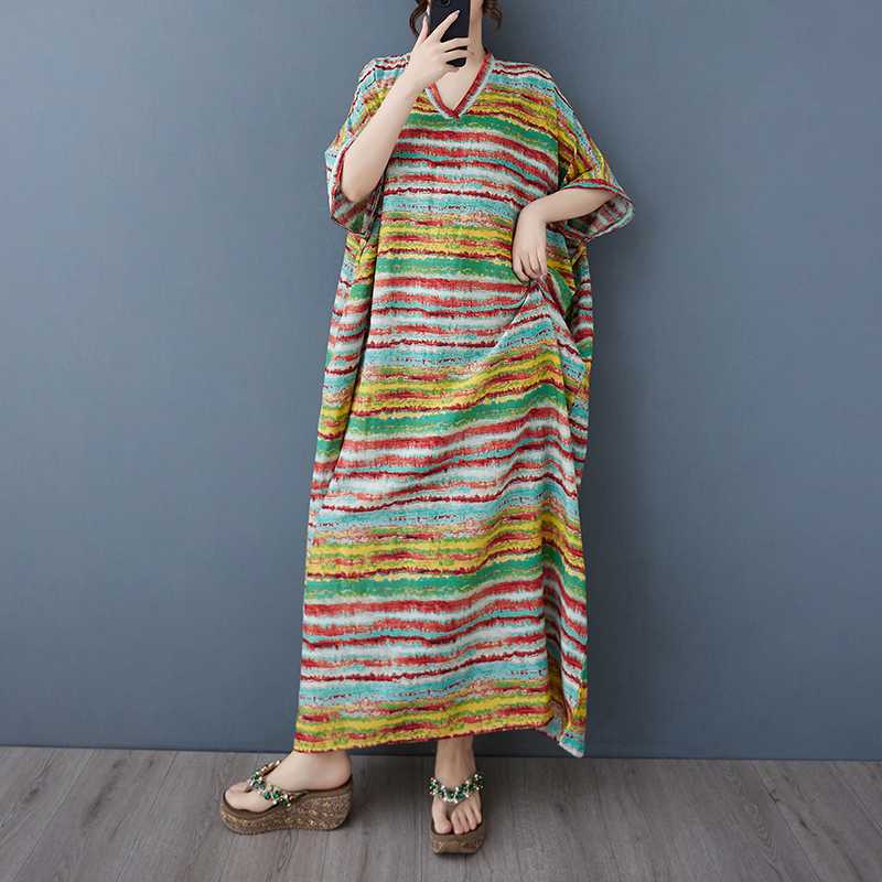 Ladies' V-neck Vintage Long Skirt Cotton Linen Dress