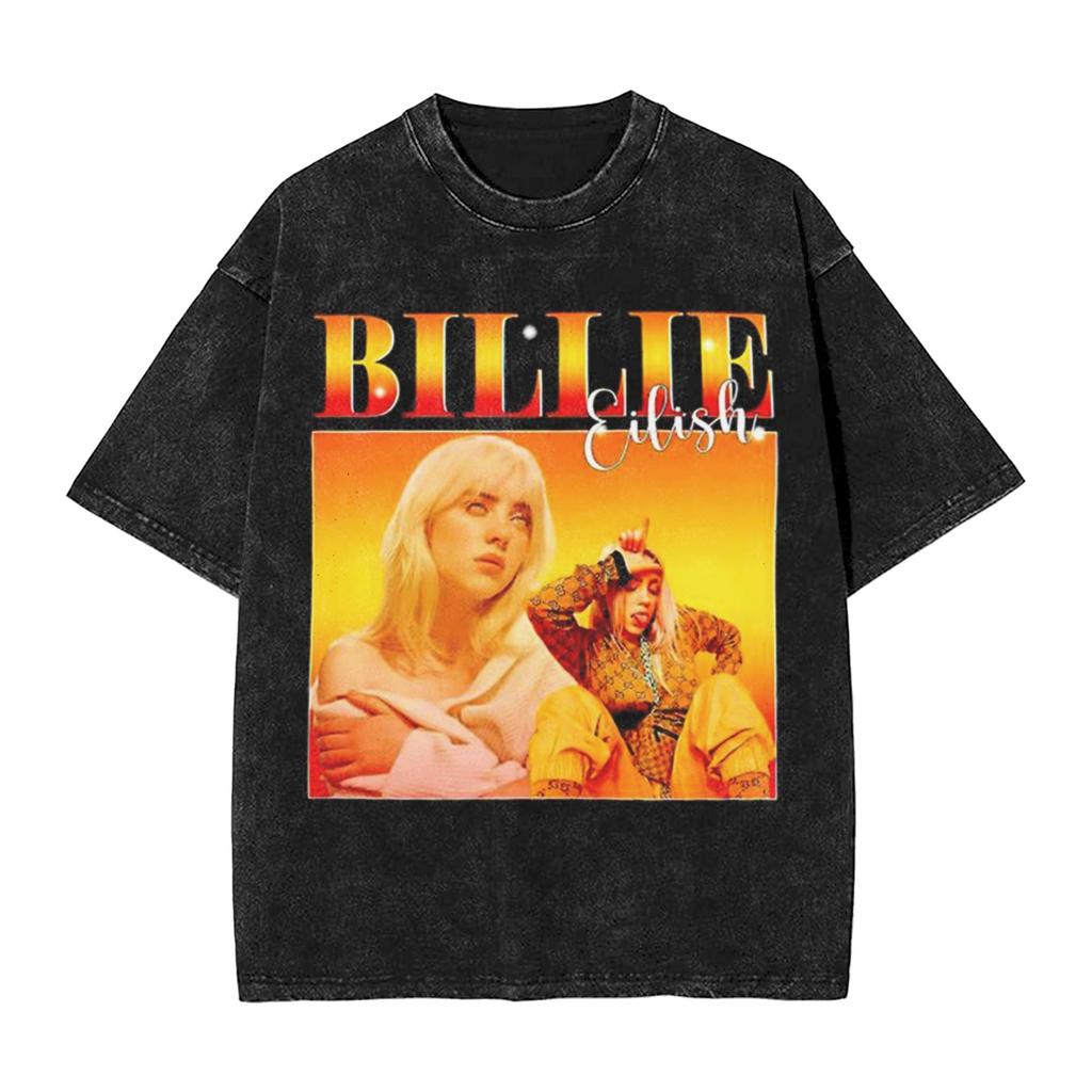 Singer BBillieGirl Eeilish Music Vintage Washed T Shirt Unisex Cotton Clothes Printed Round Neck Short Sleeve