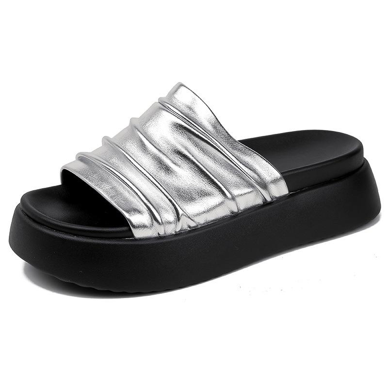 

Морщинистые шлепанцы на толстой подошве из одного слова для женщин, чтобы носить новые пляжные, не уставшие ноги, холодные шлепанцы 40 серебряный