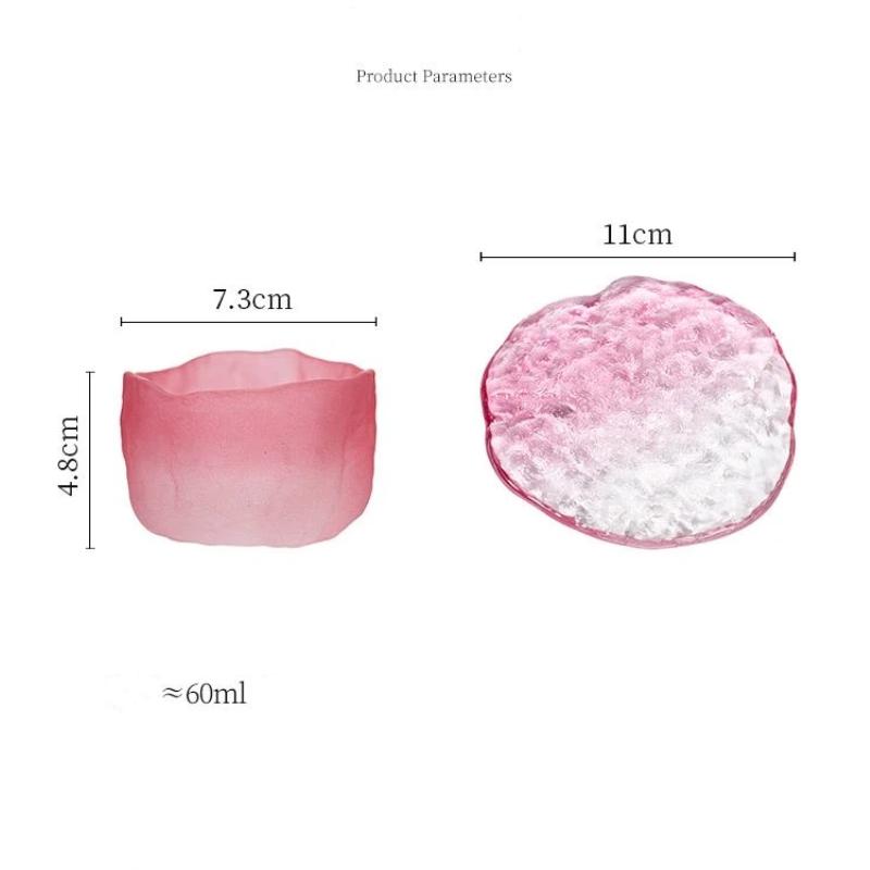 Japanese Style Pink Sakura Crystal Glass Teacup – Colored Glaze Sake Cup with Enamel Flower Design and Coaster