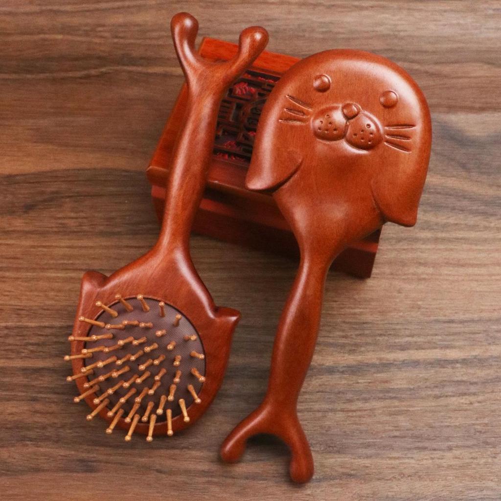 Sandalwood Air Cushion Oval Comb - Solid Wood Fluffy Hairbrush for Head Meridian Massage