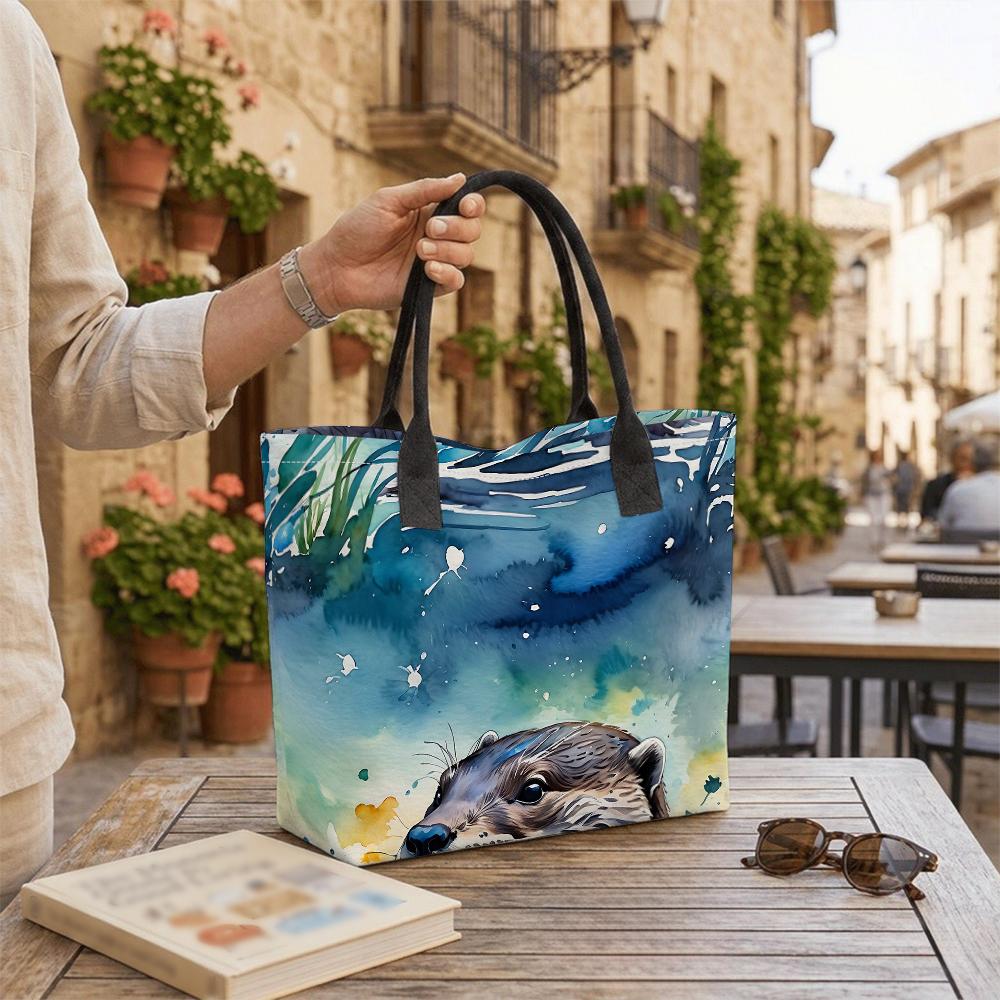 Watercolor Otter Print Canvas Tote Bag Casual Large Capacity Shoulder Handbag for Daily Use