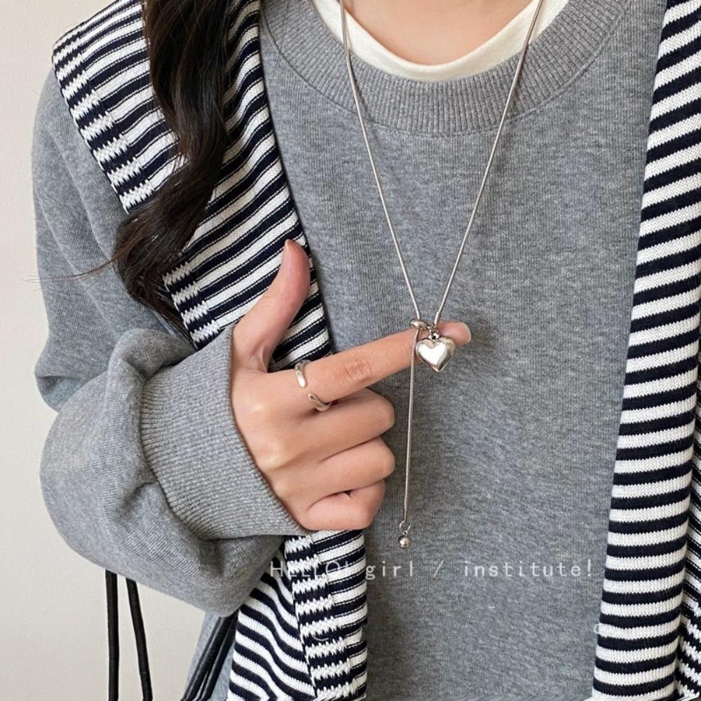 Personality Silver Color Stainless Steel Heart Pull Adjustable Pendant Necklace for Women Charm Y2K Long Collar Jewelry No Fade