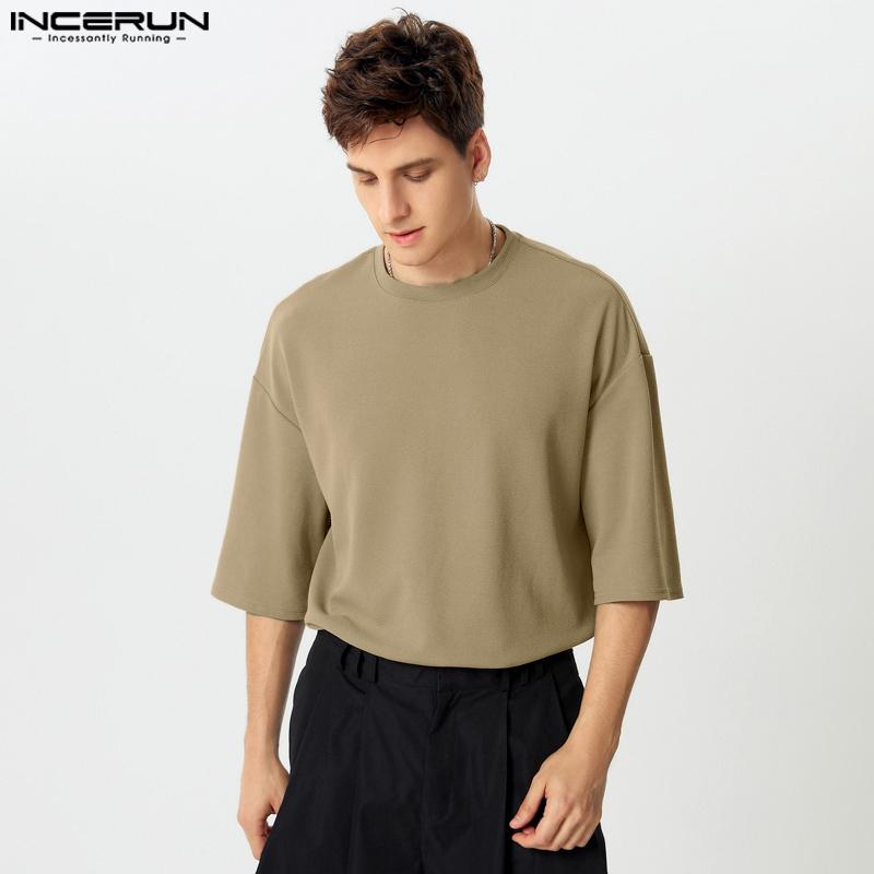 

INCERUN Летние мужские футболки с коротким рукавом и круглым вырезом, свободные повседневные топы с текстурой M хаки
