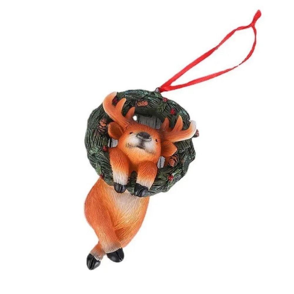 Resin Crafts Christmas Tree Pendant Cartoon Animals Mini Bear Statue Wreath  Room Decoration