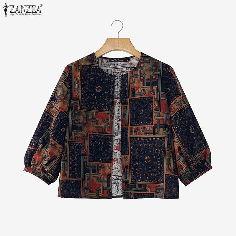 ZANZEA Vintage Women Casual Short Sleeve Open Front Thin Cardigan  Floral Print Cropped Tops Blous