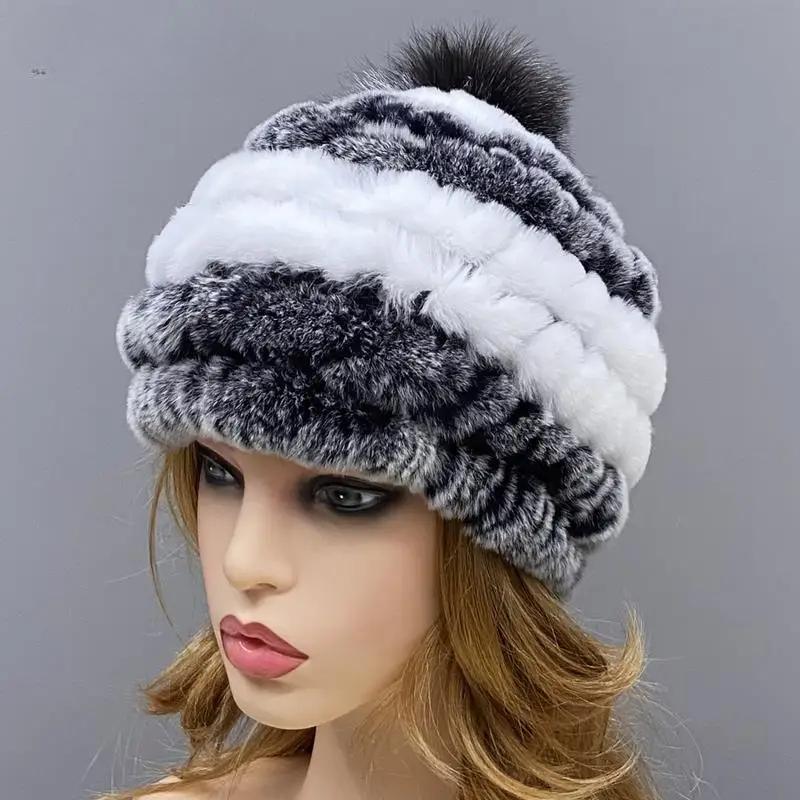 Căciulă Tricotată cu Pompom pentru Femei Iarnă Caldă Blană Naturală de Iepure Rex Vulpe Pompom Cranii Fete Căciuli Groase Colorate