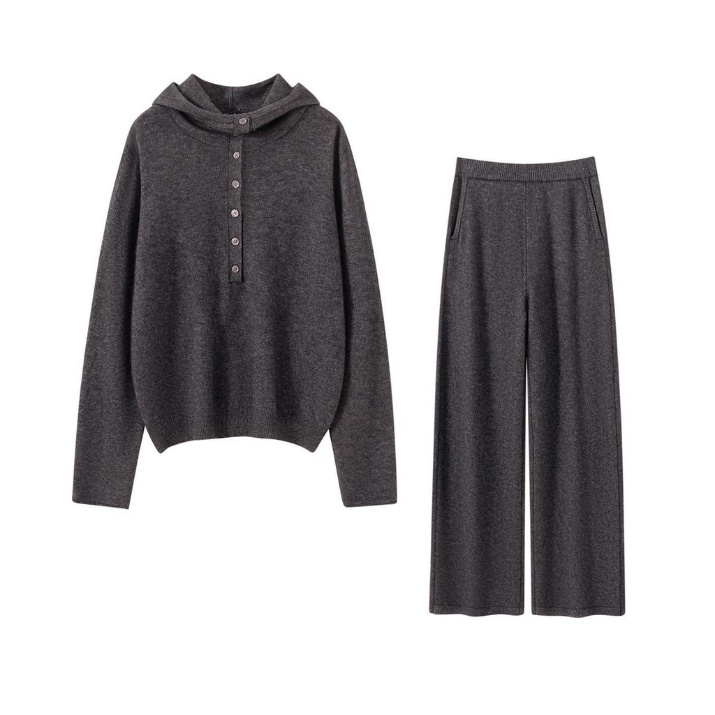 2025 A/W Women's Cashmere Knit Set: High-Waist Wide-Leg Pants & Drawstring Hoodie with Pockets, Korean Style Fashion