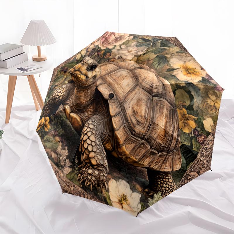 Turtle and Flower Pattern, Automatic Folding Umbrella, Portable and Foldable Design, 8 Ribs, a Christmas or Birthday Gift.