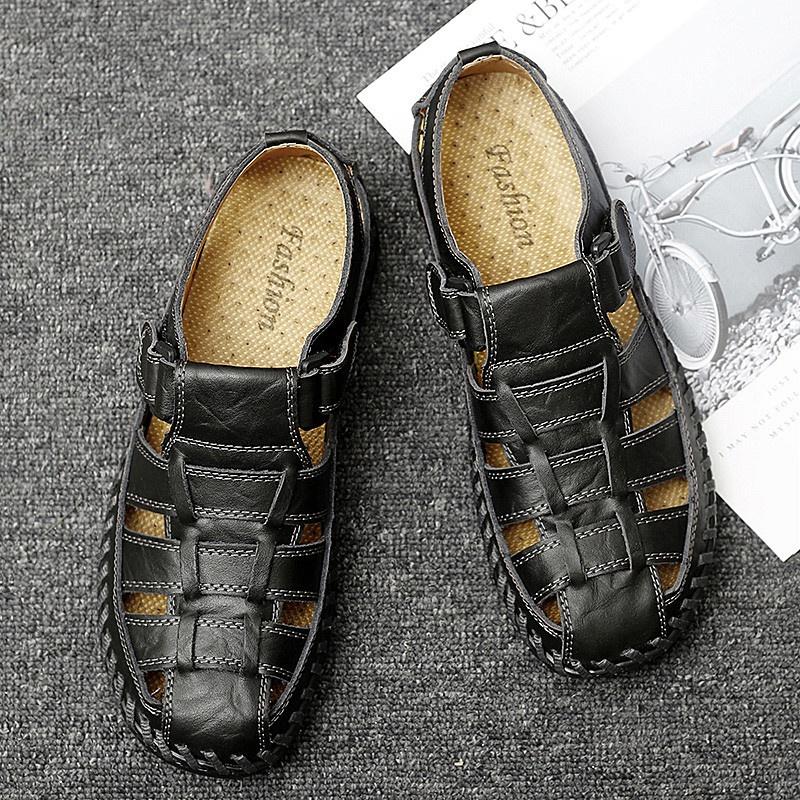 Pánské letní duté kožené sandály prodyšné vintage kožené boty pro volný čas outdoor ploché brodění mokasíny plážové pantofle