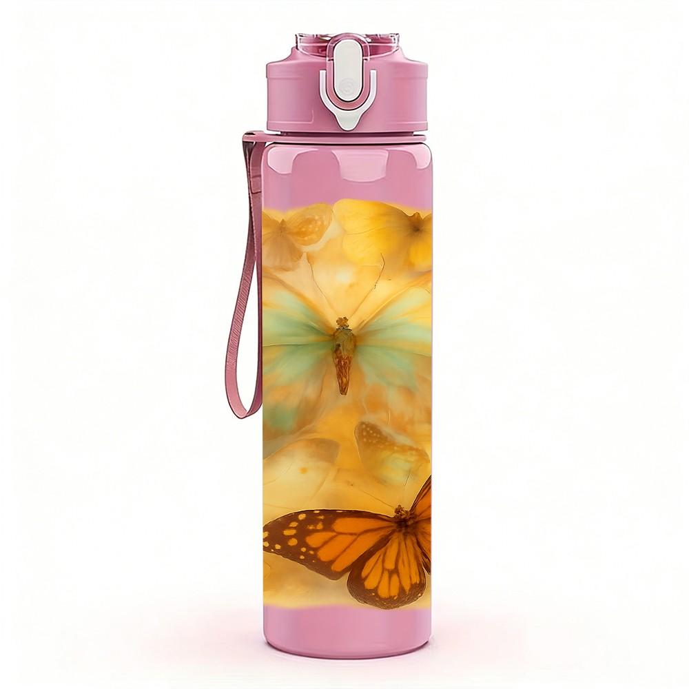 1PC Butterfly On Warm Tone Flower Print 750ml Color Plastic Sports Water Bottle Leakproof Flip Straw Lid Suitable for Sports Office Home Use