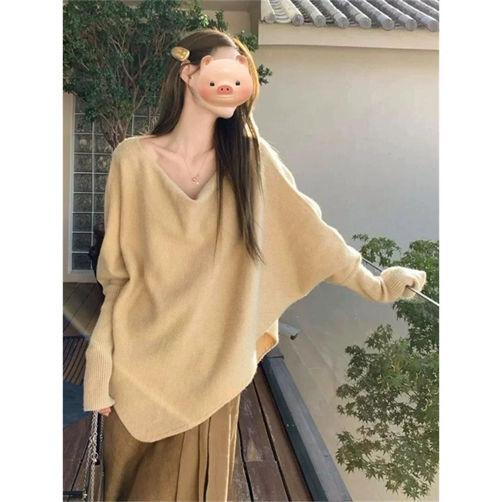 

Women s Chic Batwing Sleeve Sweater - Autumn Loose Fit, Slimming Cowl Neck Knitted Top M (95-105 jin)